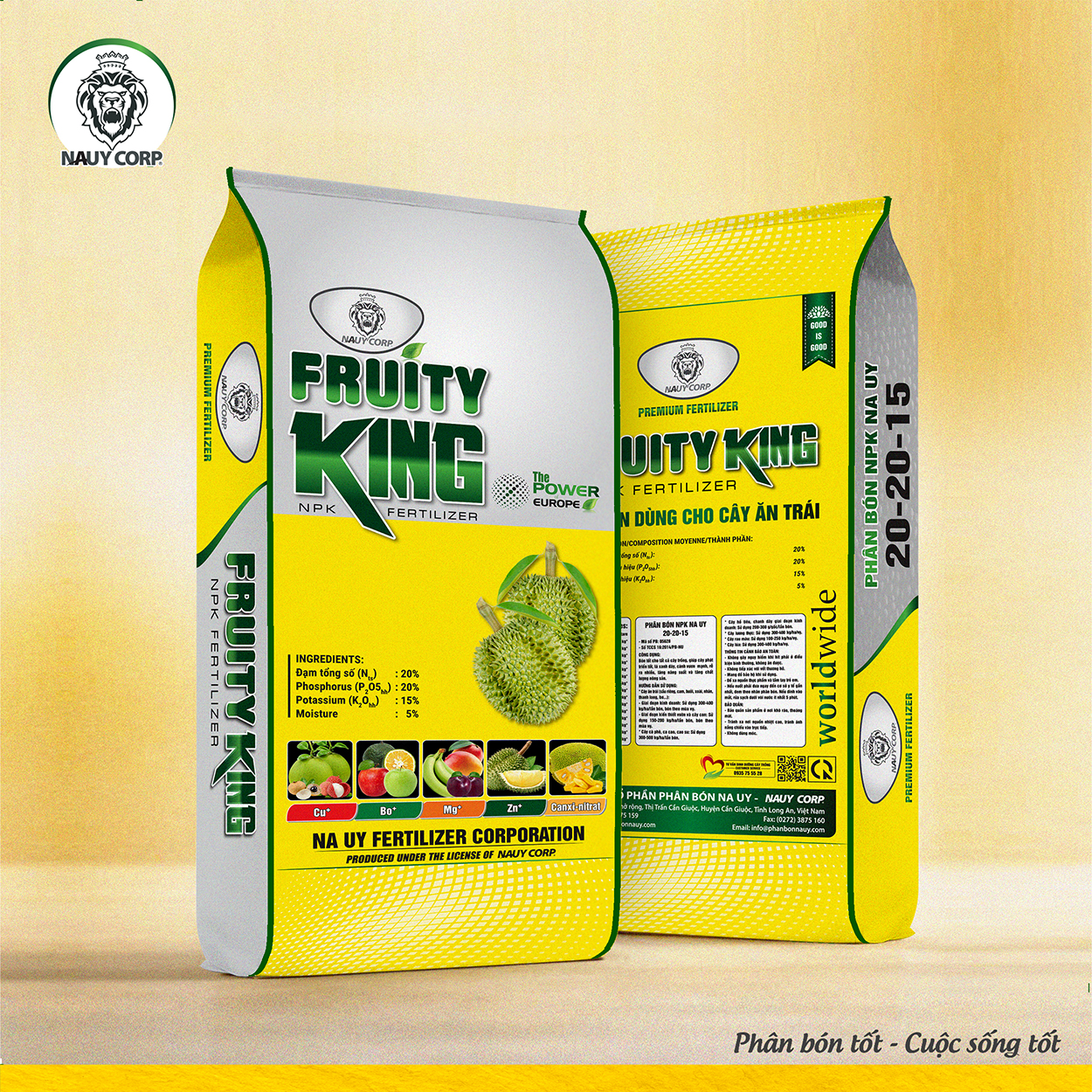 PHÂN BÓN NPK NA UY FRUITY KING 20-20-15+TE THÁP CAO